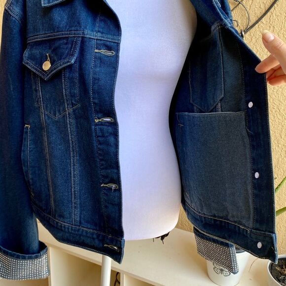 REBECCA MINKOFF DARK WASH DENIM JACKET WITH RHINESTONE EMBELLISHED CUFFS XL NWT - Picture 11 of 16